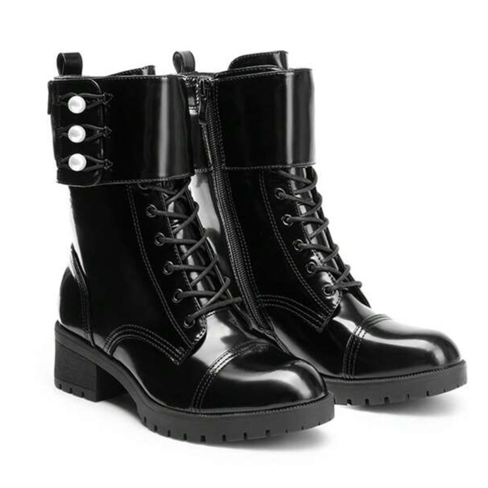 Sleek Black Patent Combat Boots - Picture 1 of 6